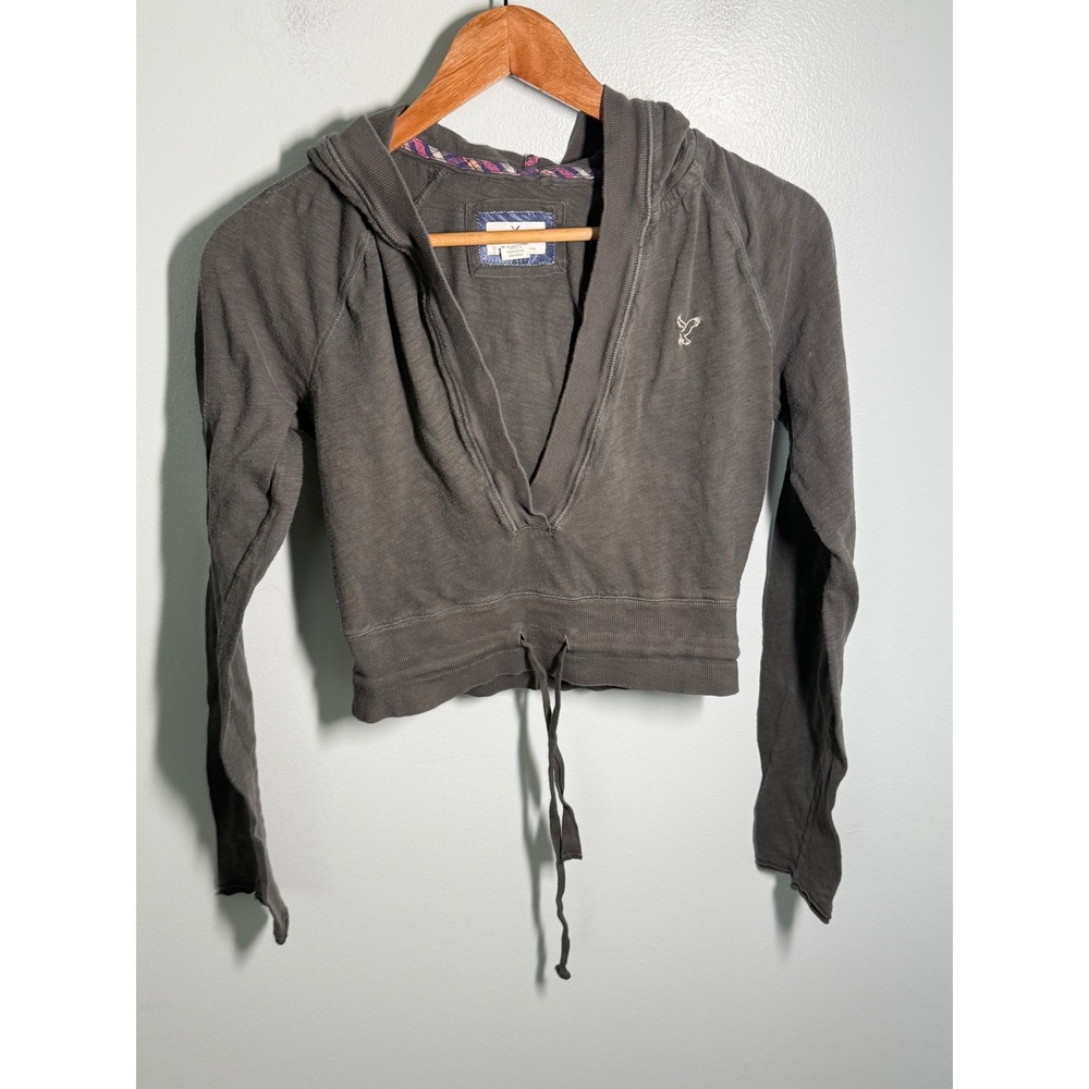 American Eagle Outfitters Womens Gray Cropped V-Neck Hoodie Sweatshirt Size M
